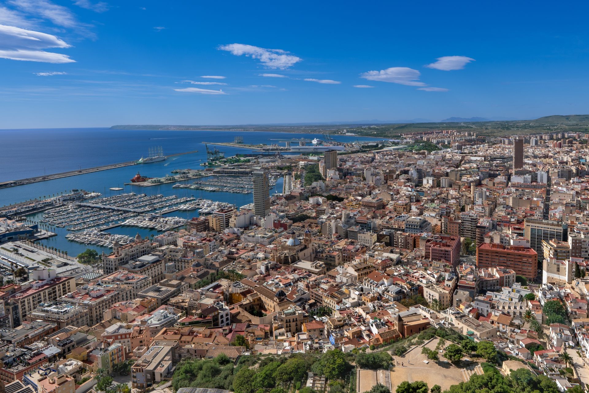 Panorama Alicante: port, marina i morze w słoneczny dzień