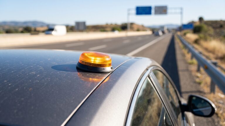 Bursztynowa baliza V16 na dachu auta na hiszpańskiej autostradzie